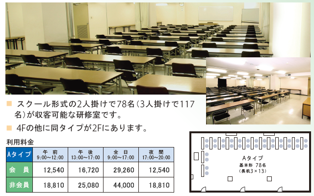 スクール形式の2人掛けで78名（3人掛けで117名）が収容可能な研修室です。 4Fの他に同タイプが2Fにあります。